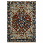 HomeRoots 508056 6 x 9 ft. Blue Beige Tan Brown Gold & Rust Red Oriental Power Loom Stain Resistant Rectangle Area Rug with Fringe