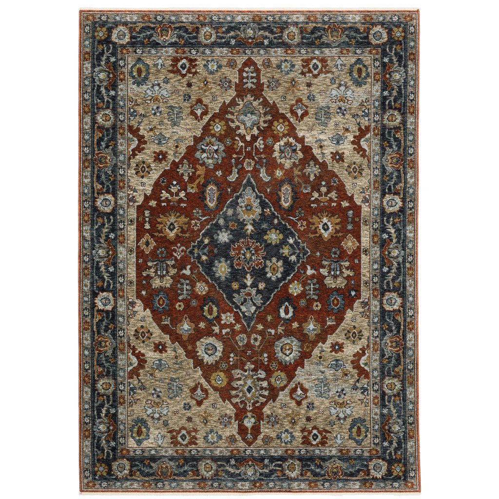 HomeRoots 508058 10 x 13 ft. Blue Beige Tan Brown Gold & Rust Red Oriental Power Loom Stain Resistant Rectangle Area Rug with Fringe