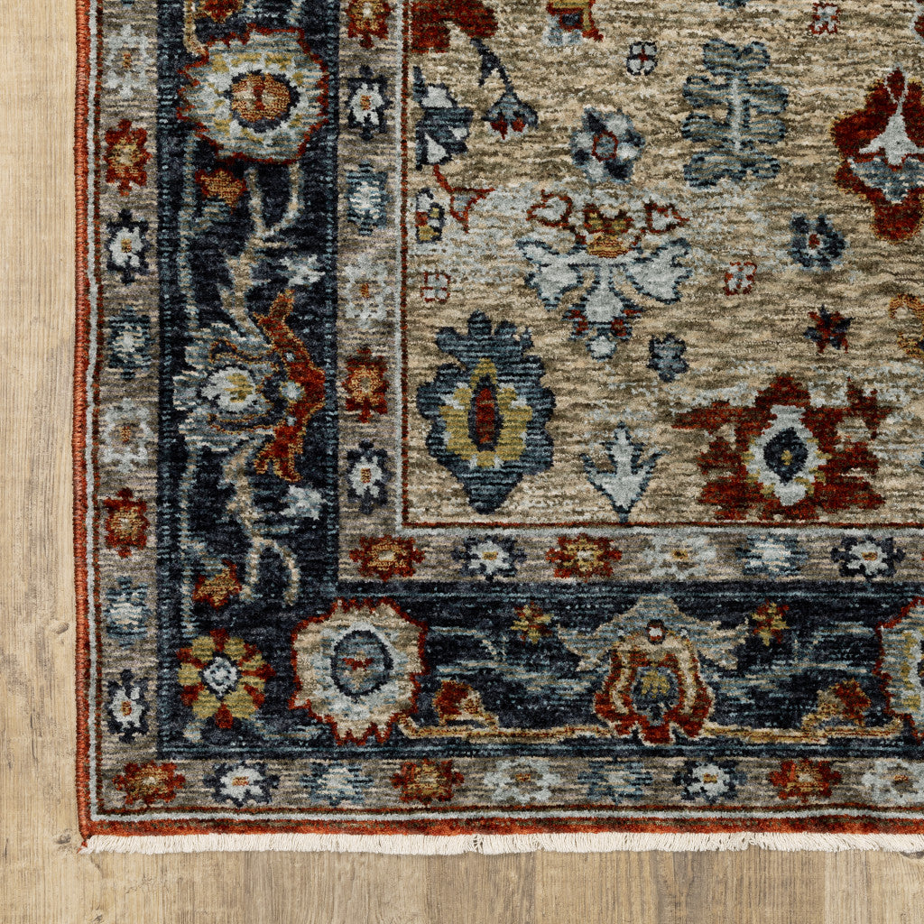 HomeRoots 508058 10 x 13 ft. Blue Beige Tan Brown Gold & Rust Red Oriental Power Loom Stain Resistant Rectangle Area Rug with Fringe