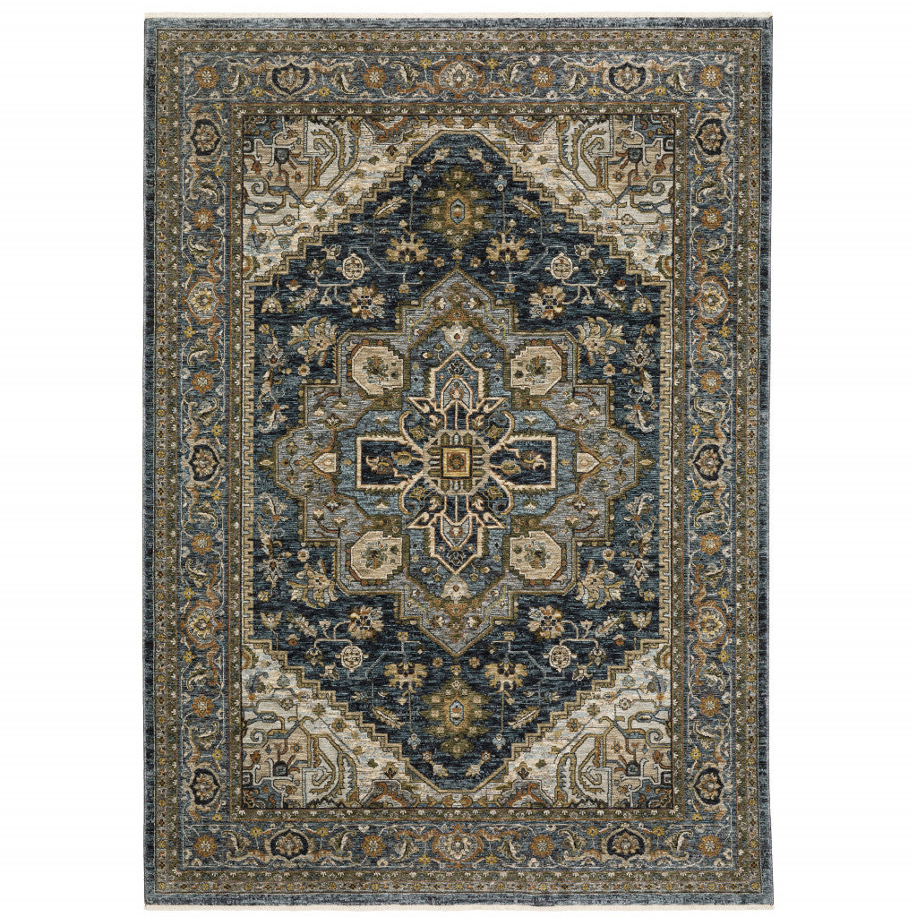 HomeRoots 508063 6 x 9 ft. Blue Taupe Gray Green Rust Tan Beige & Gold Oriental Power Loom Stain Resistant Rectangle Area Rug with Fringe