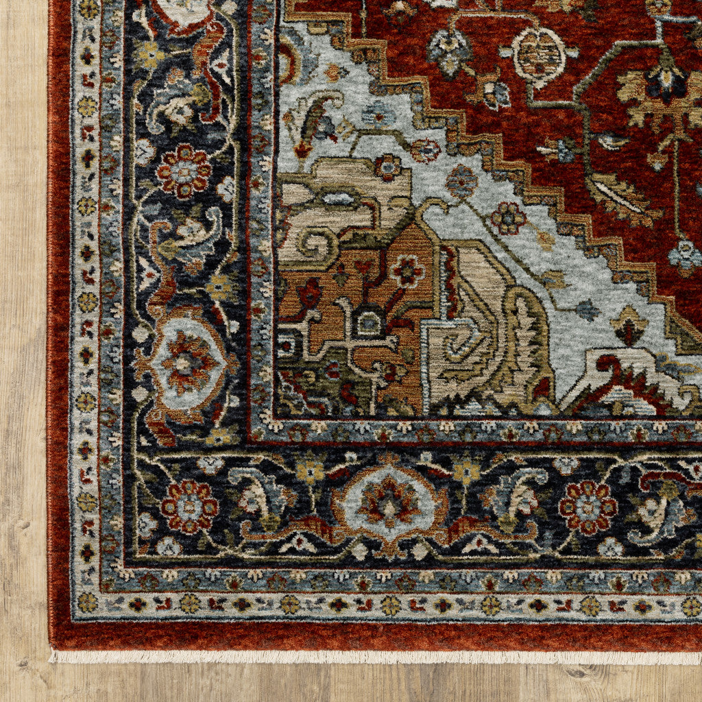 HomeRoots 508070 6 x 9 ft. Blue Beige Gray Gold Green & Rust Red Oriental Power Loom Stain Resistant Rectangle Area Rug with Fringe