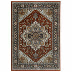 HomeRoots 508072 10 x 13 ft. Blue Beige Gray Gold Green & Rust Red Oriental Power Loom Stain Resistant Rectangle Area Rug with Fringe