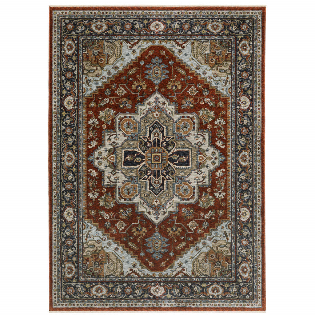 HomeRoots 508072 10 x 13 ft. Blue Beige Gray Gold Green & Rust Red Oriental Power Loom Stain Resistant Rectangle Area Rug with Fringe