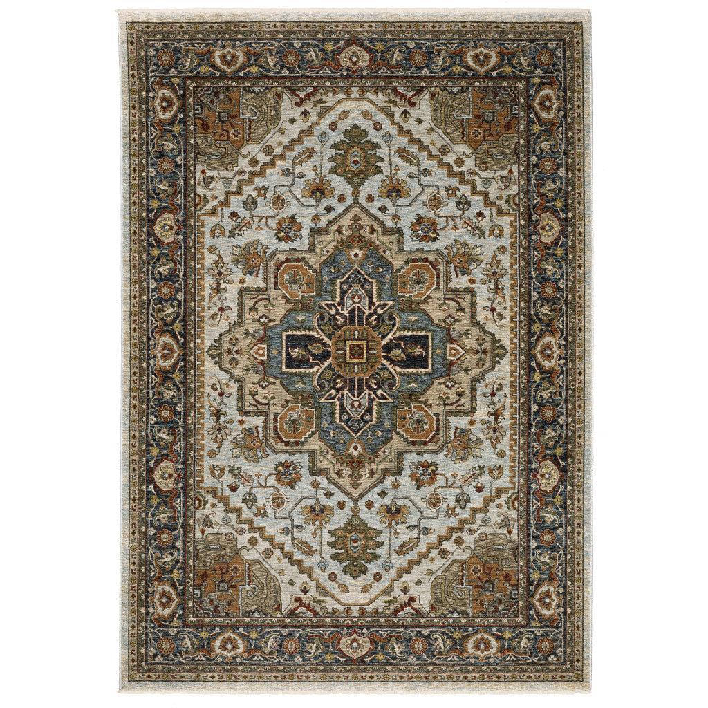 HomeRoots 508078 8 x 11 ft. Ivory Beige Blue Orange Gold Green Gray & Rust Oriental Power Loom Stain Resistant Rectangle Area Rug with Fringe