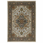 HomeRoots 508078 8 x 11 ft. Ivory Beige Blue Orange Gold Green Gray & Rust Oriental Power Loom Stain Resistant Rectangle Area Rug with Fringe