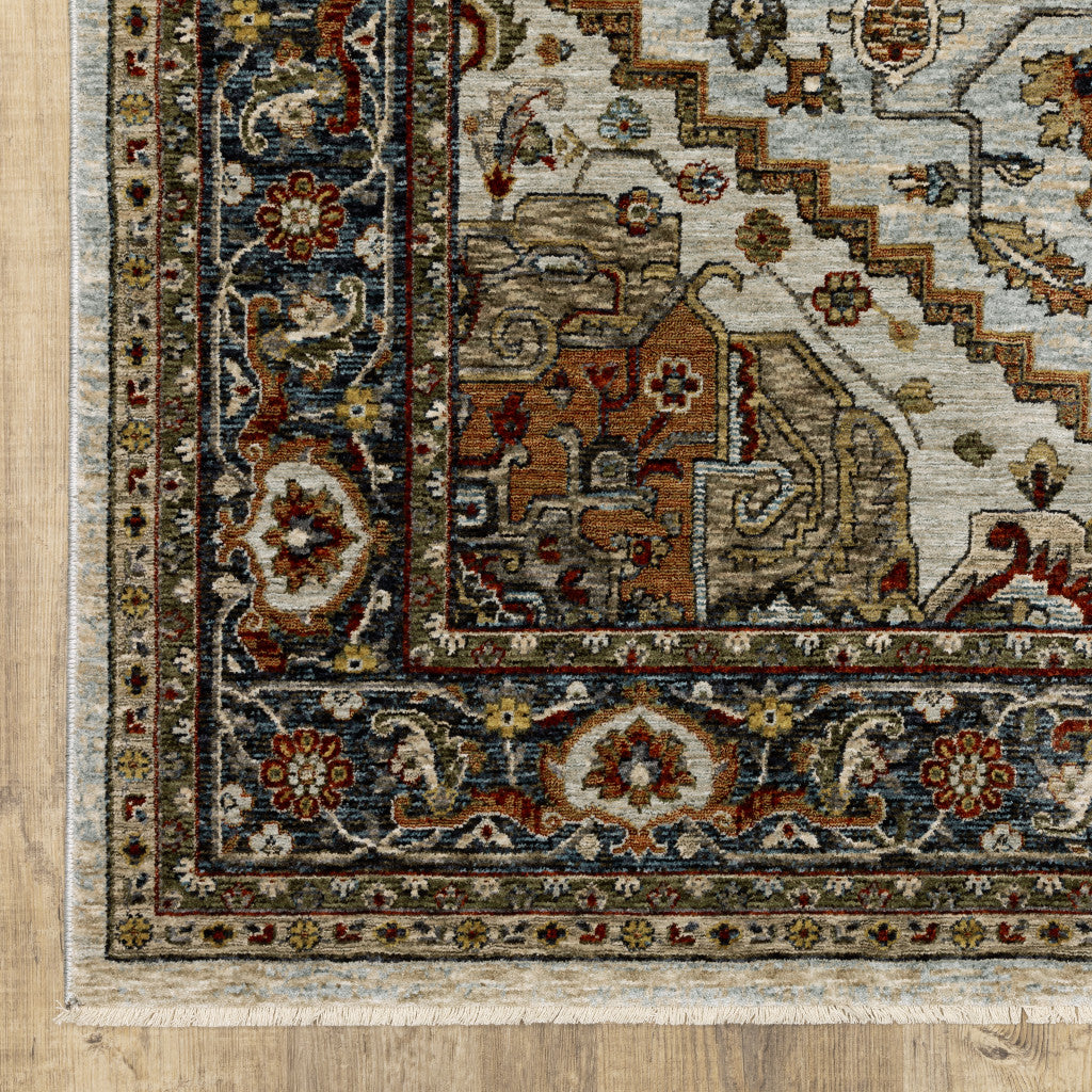 HomeRoots 508078 8 x 11 ft. Ivory Beige Blue Orange Gold Green Gray & Rust Oriental Power Loom Stain Resistant Rectangle Area Rug with Fringe