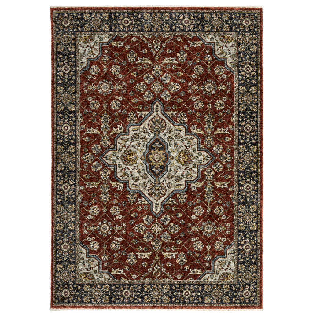 HomeRoots 508085 8 x 11 ft. Red Ivory Blue Navy Gold & Gray Oriental Power Loom Stain Resistant Rectangle Area Rug with Fringe, Rectangular