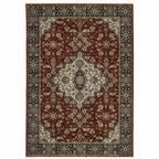 HomeRoots 508086 10 x 13 ft. Red Ivory Blue Navy Gold & Gray Oriental Power Loom Stain Resistant Rectangle Area Rug with Fringe