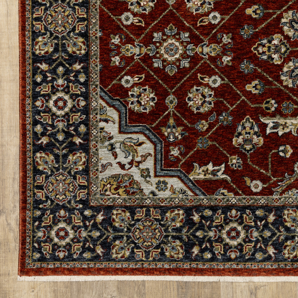 HomeRoots 508086 10 x 13 ft. Red Ivory Blue Navy Gold & Gray Oriental Power Loom Stain Resistant Rectangle Area Rug with Fringe