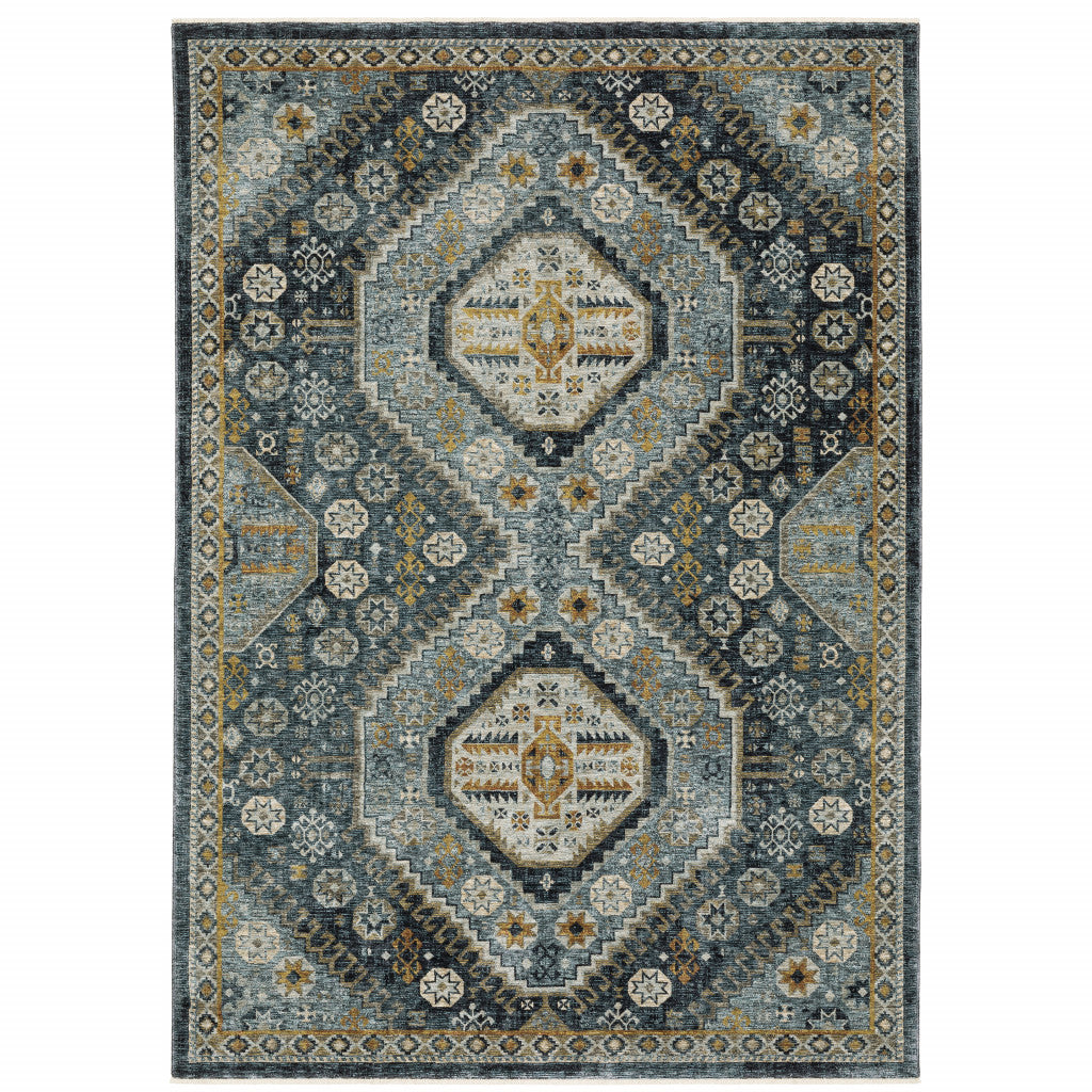 HomeRoots 508091 6 x 9 ft. Blue Gold Ivory & Navy Oriental Power Loom Stain Resistant Rectangle Area Rug with Fringe