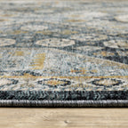 HomeRoots 508091 6 x 9 ft. Blue Gold Ivory & Navy Oriental Power Loom Stain Resistant Rectangle Area Rug with Fringe