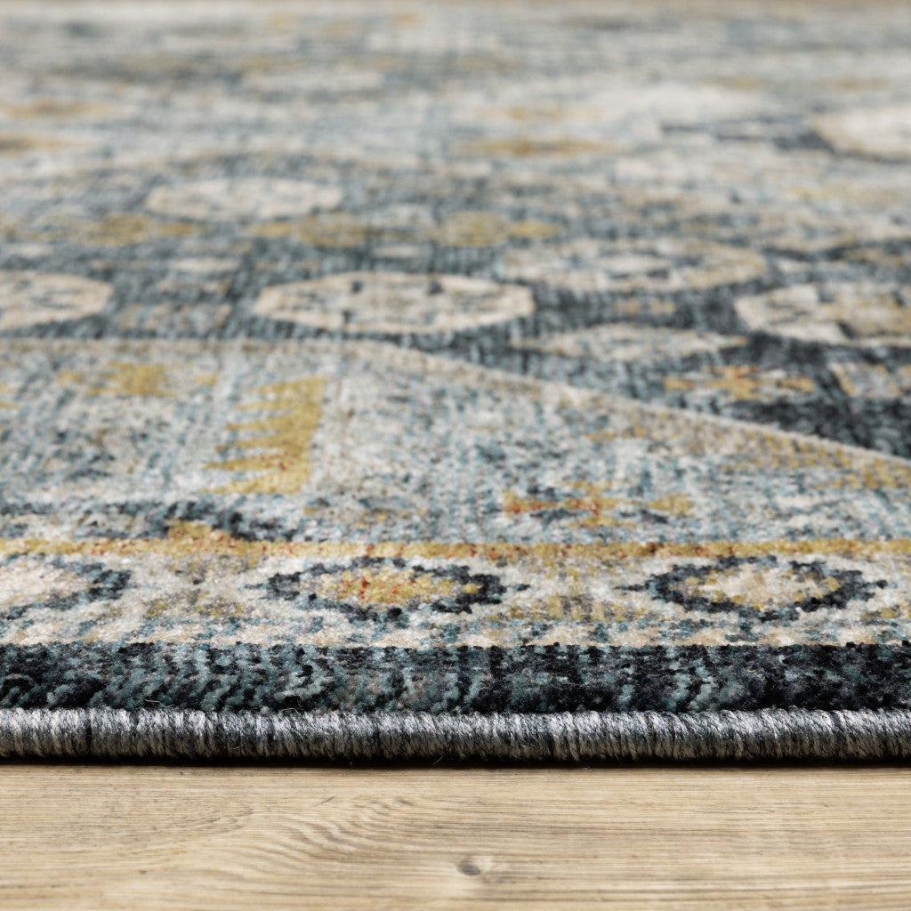 HomeRoots 508091 6 x 9 ft. Blue Gold Ivory & Navy Oriental Power Loom Stain Resistant Rectangle Area Rug with Fringe