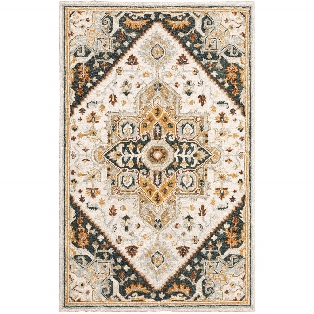 HomeRoots 508109 10 x 13 ft. Ivory Charcoal Gold Clay & Muted Blue Oriental Hand Tufted Handmade Stain Resistant Rectangle Area Rug