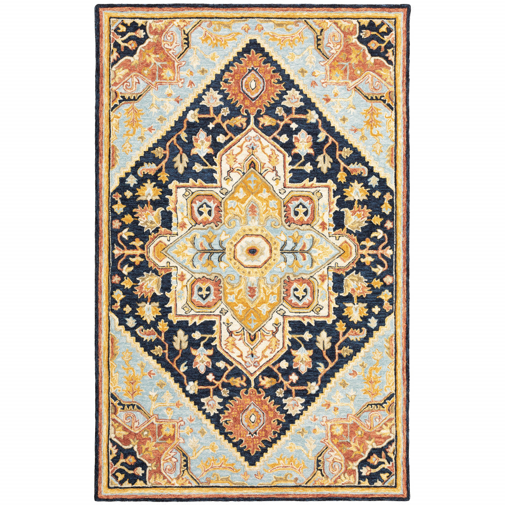 HomeRoots 508118 8 x 10 ft. Navy Rust Blue Ivory & Gold Oriental Hand Tufted Handmade Stain Resistant Rectangle Area Rug