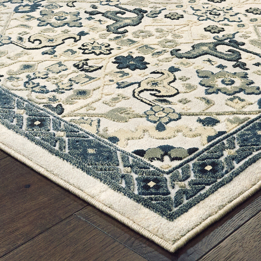 HomeRoots 508365 6 x 9 ft. Ivory Navy & Gold Oriental Power Loom Stain Resistant Rectangle Area Rug