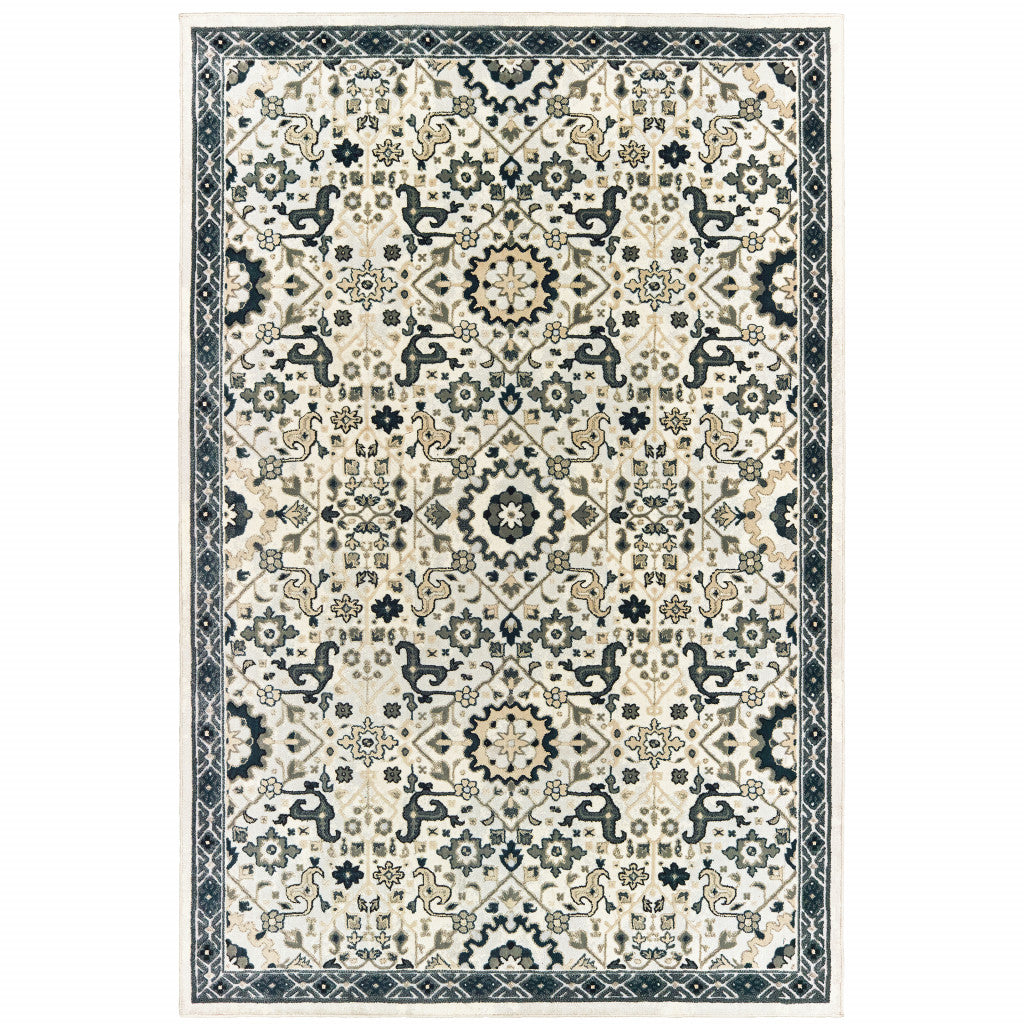 HomeRoots 508367 10 x 13 ft. Ivory Navy & Gold Oriental Power Loom Stain Resistant Rectangle Area Rug