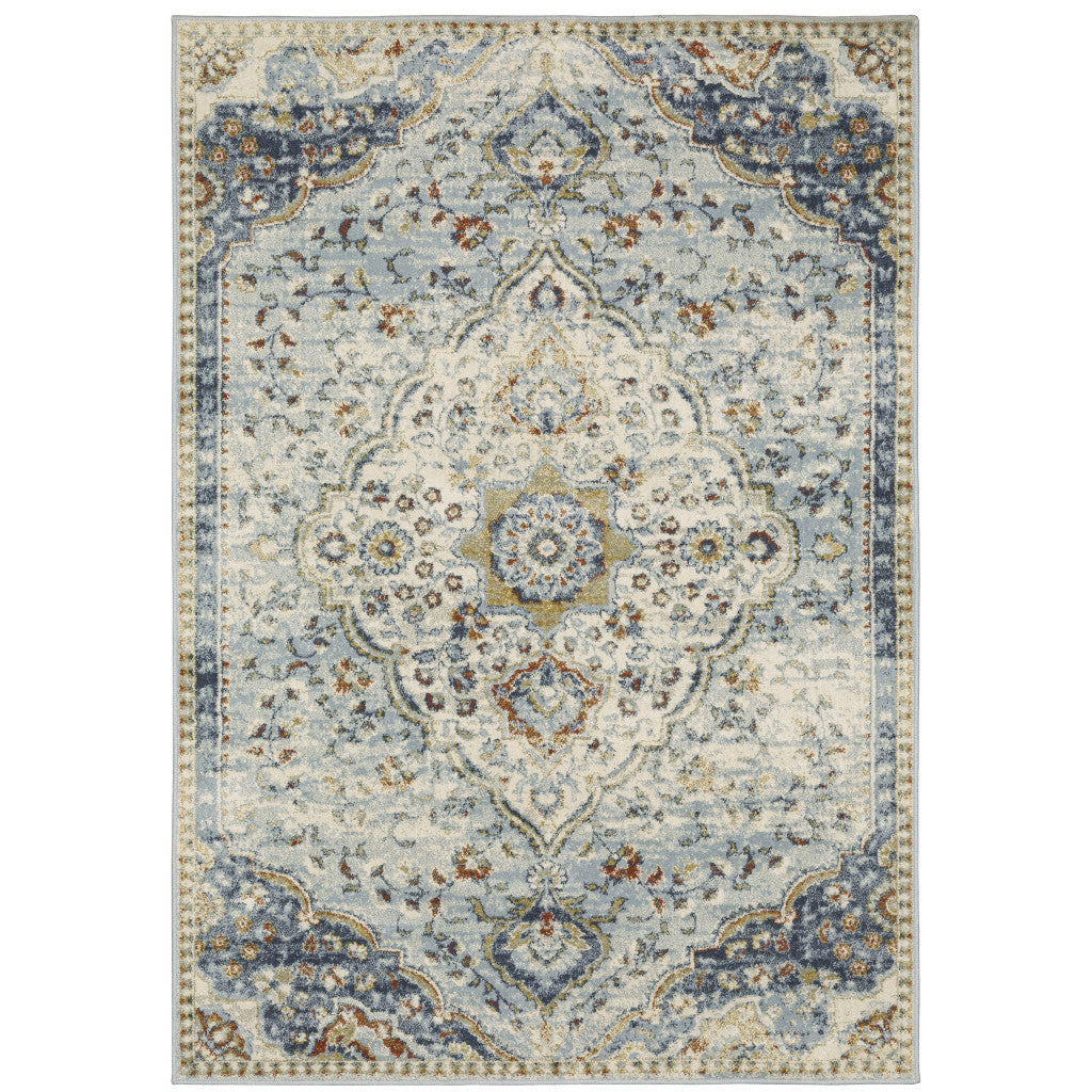 HomeRoots 508433 6 x 9 ft. Blue Beige Rust Gold & Teal Oriental Power Loom Stain Resistant Rectangle Area Rug