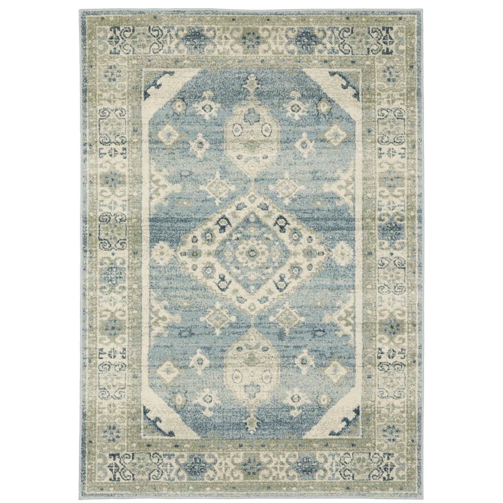 HomeRoots 508439 8 x 10 ft. Blue Gray Beige & Teal Oriental Power Loom Stain Resistant Rectangle Area Rug