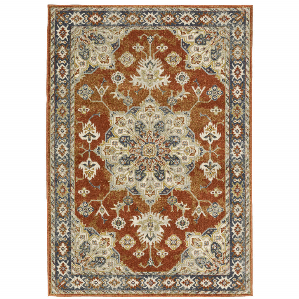 HomeRoots 508443 6 x 9 ft. Rust Beige Teal Blue & Gold Oriental Power Loom Stain Resistant Rectangle Area Rug
