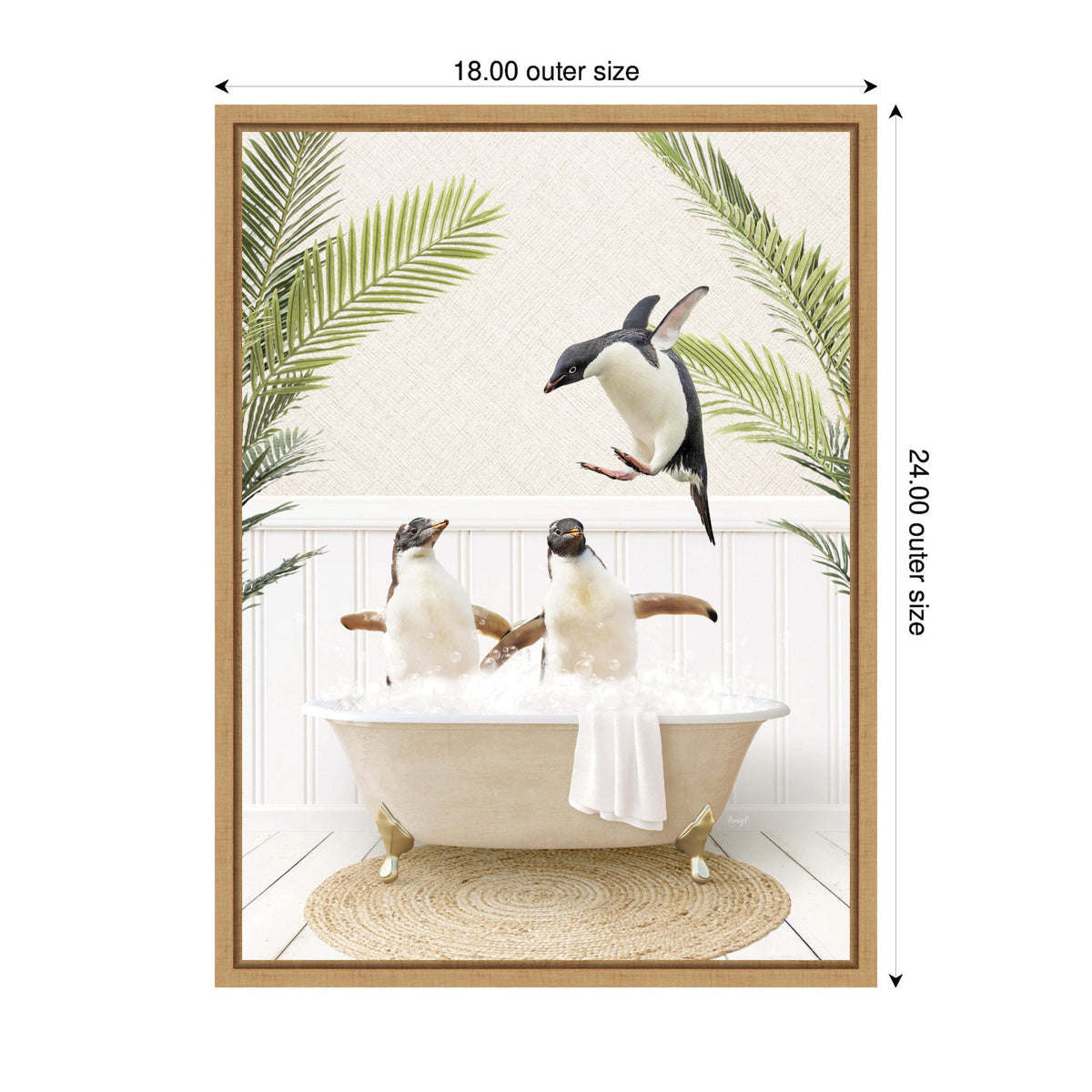 Sylvie Penguins in Palm Bathtub Framed Canvas by Amy Peterson
