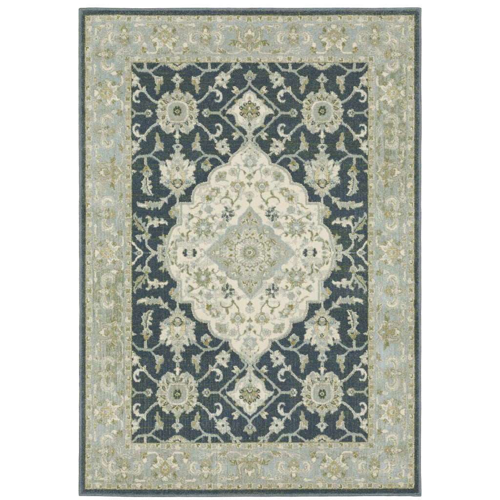 HomeRoots 508454 8 x 10 ft. Teal Blue Ivory Green & Gray Oriental Power Loom Stain Resistant Rectangle Area Rug