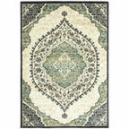 HomeRoots 508811 10 x 13 ft. Ivory Navy & Green Oriental Power Loom Stain Resistant Rectangle Area Rug