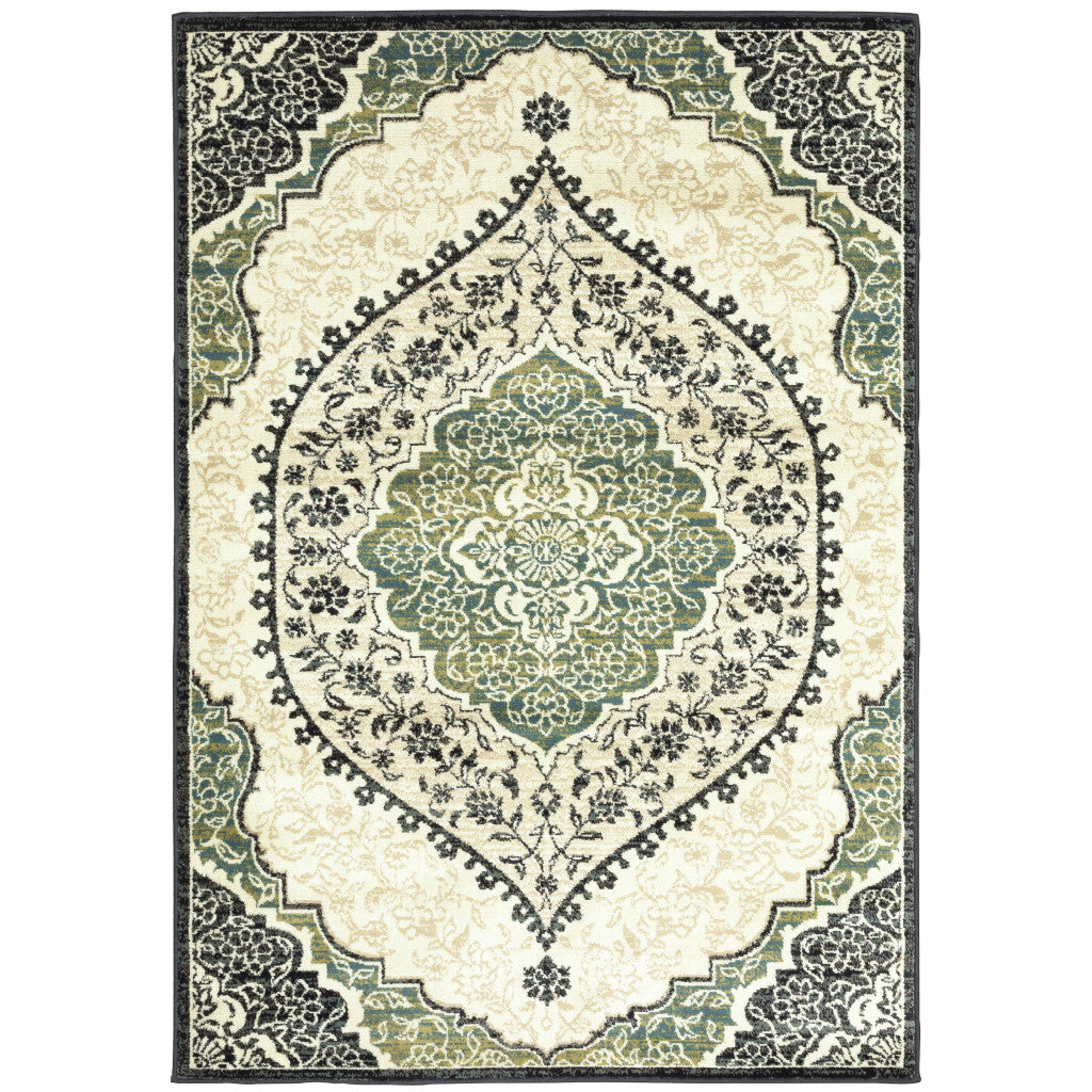 HomeRoots 508811 10 x 13 ft. Ivory Navy & Green Oriental Power Loom Stain Resistant Rectangle Area Rug