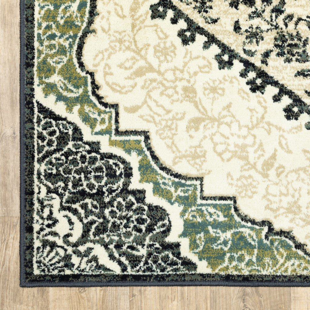 HomeRoots 508811 10 x 13 ft. Ivory Navy & Green Oriental Power Loom Stain Resistant Rectangle Area Rug