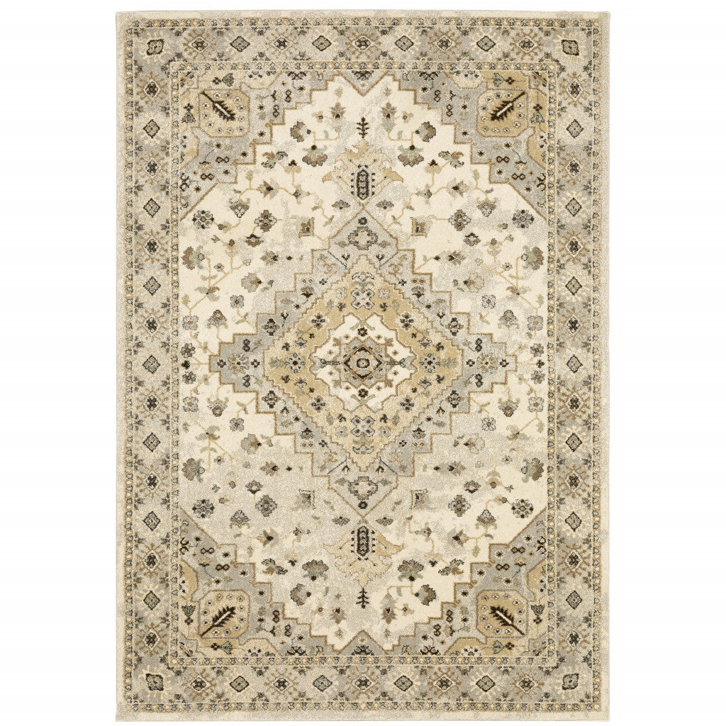 HomeRoots 508860 10 x 13 ft. Beige Gray Tan & Brown Oriental Power Loom Stain Resistant Rectangle Area Rug