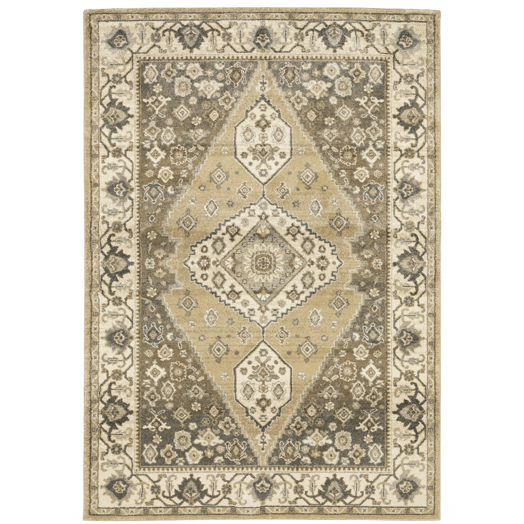 HomeRoots 508864 8 x 11 ft. Beige Gray Tan & Charcoal Oriental Power Loom Stain Resistant Rectangle Area Rug