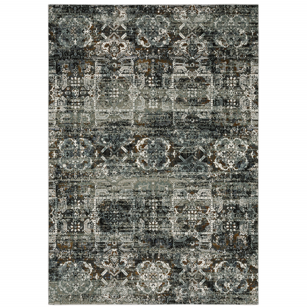 HomeRoots 508908 8 x 11 ft. Ivory Charcoal Gray Blue Rust Gold & Brown Oriental Power Loom Stain Resistant Rectangle Area Rug