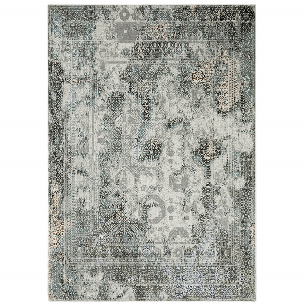 HomeRoots 508915 10 x 13 ft. Ivory Gray Charcoal Blue & Rust Oriental Power Loom Stain Resistant Rectangle Area Rug