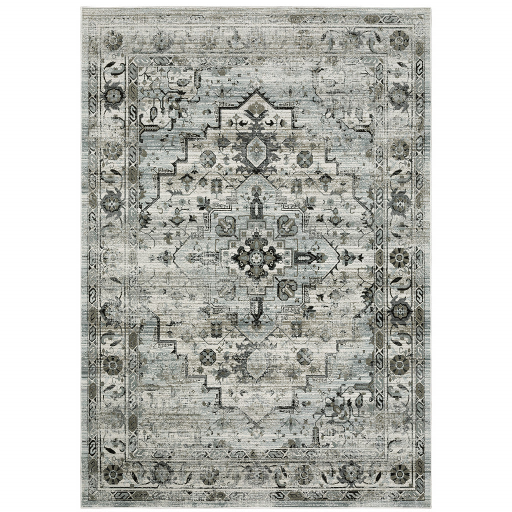 HomeRoots 508927 10 x 13 ft. Ivory Gray Charcoal Blue & Taupe Oriental Power Loom Stain Resistant Rectangle Area Rug, Rectangular