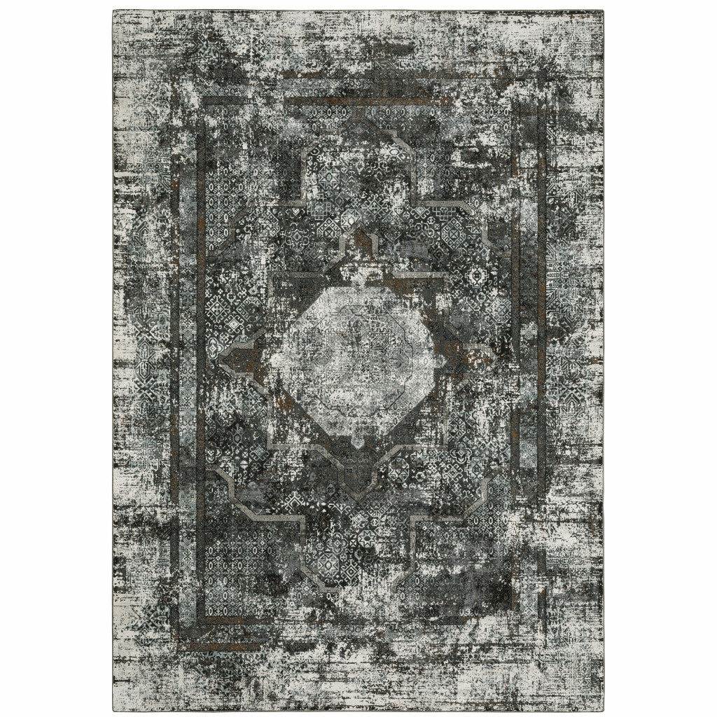 HomeRoots 508939 10 x 13 ft. Charcoal Rust Gray Blue Ivory & Brown Oriental Power Loom Stain Resistant Rectangle Area Rug