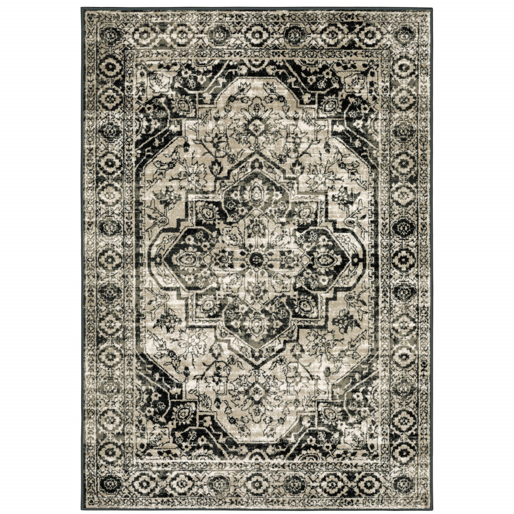 HomeRoots 508976 6 x 9 ft. Black Gray Tan & Ivory Oriental Power Loom Stain Resistant Rectangle Area Rug