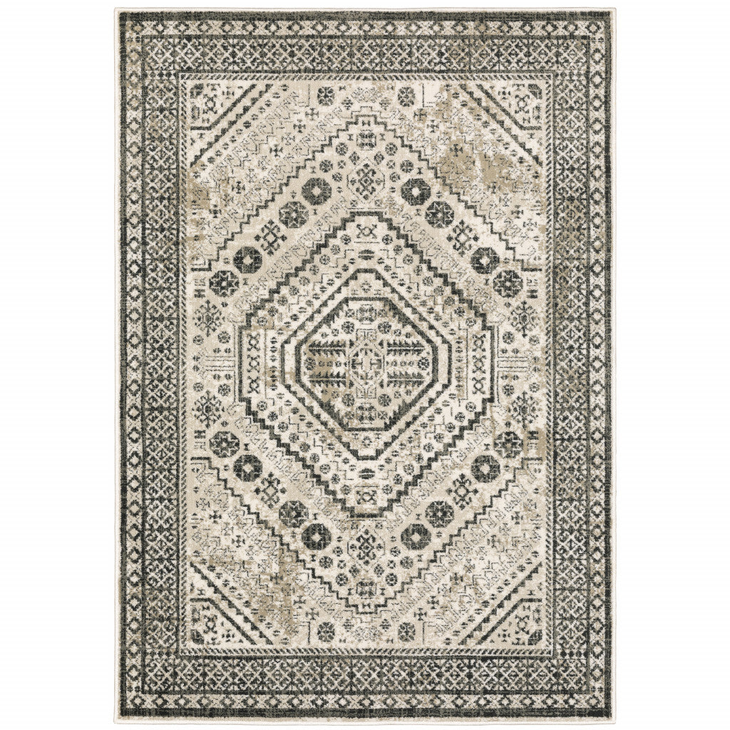 HomeRoots 508983 8 x 10 ft. Ivory Gray Black & Ivory Oriental Power Loom Stain Resistant Rectangle Area Rug
