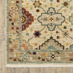 HomeRoots 509199 10 x 13 ft. Beige Pale Blue Rust Gold Tan Brown & Orange Oriental Power Loom Stain Resistant Rectangle Area Rug with Fringe