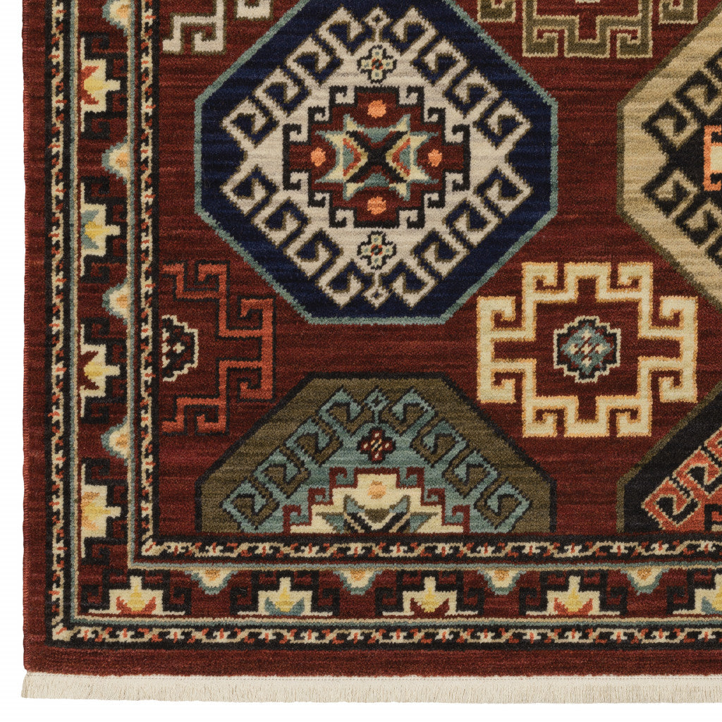 HomeRoots 509212 8 x 11 ft. Red Blue Brown & Beige Oriental Power Loom Stain Resistant Rectangle Area Rug with Fringe