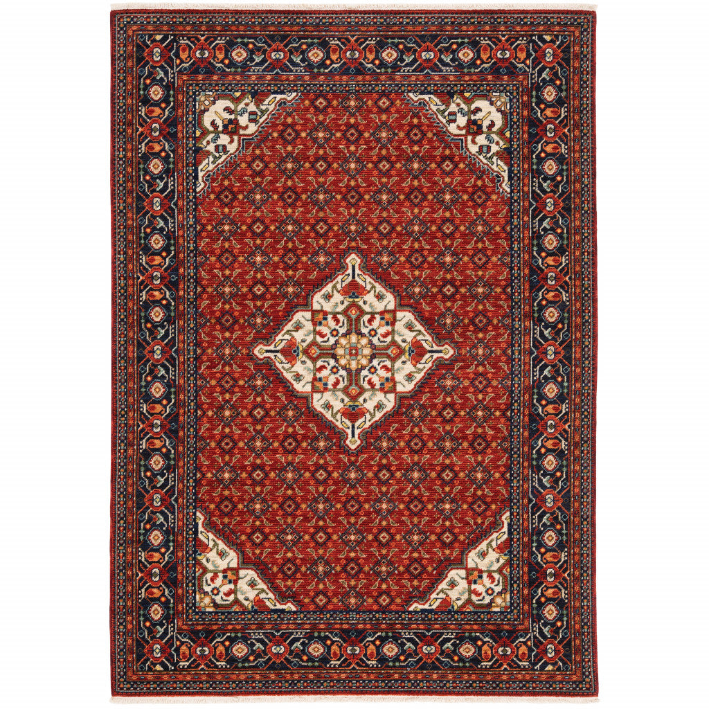 HomeRoots 509218 6 x 9 ft. Red Blue Ivory & Orange Oriental Power Loom Stain Resistant Rectangle Area Rug with Fringe
