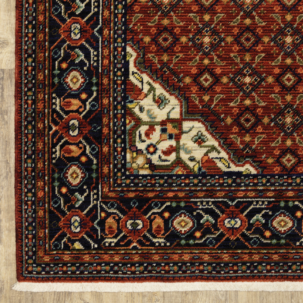 HomeRoots 509218 6 x 9 ft. Red Blue Ivory & Orange Oriental Power Loom Stain Resistant Rectangle Area Rug with Fringe