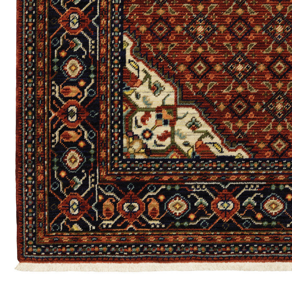 HomeRoots 509218 6 x 9 ft. Red Blue Ivory & Orange Oriental Power Loom Stain Resistant Rectangle Area Rug with Fringe