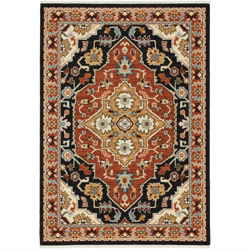 HomeRoots 509230 6 x 9 ft. Oriental Power Loom Stain Resistant Rectangle Area Rug with Fringe Black Orange & Beige