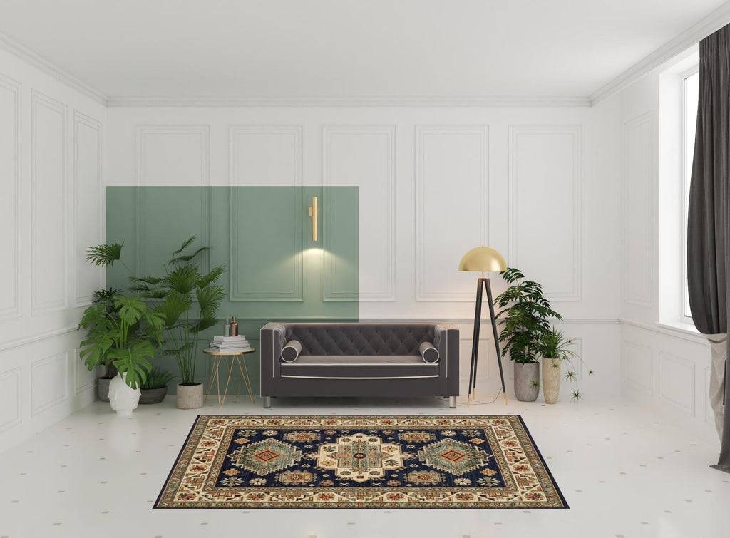 HomeRoots 509237 6 x 9 ft. Navy Charcoal Orange Rust Gold Pale Blue Olive Beige & Salmon Oriental Power Loom Stain Resistant Rectangle Area Rug with Fringe