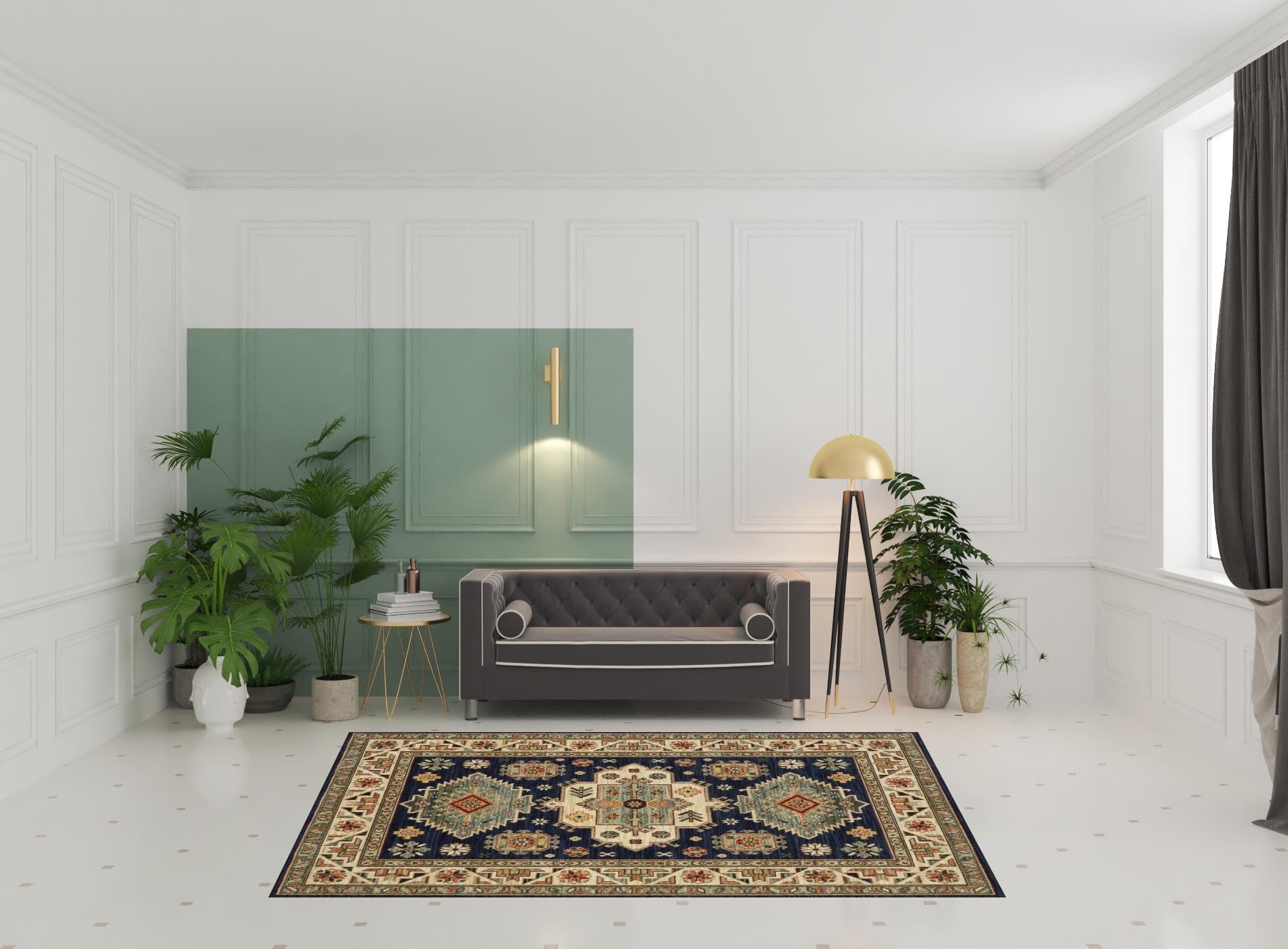 HomeRoots 509237 6 x 9 ft. Navy Charcoal Orange Rust Gold Pale Blue Olive Beige & Salmon Oriental Power Loom Stain Resistant Rectangle Area Rug with Fringe