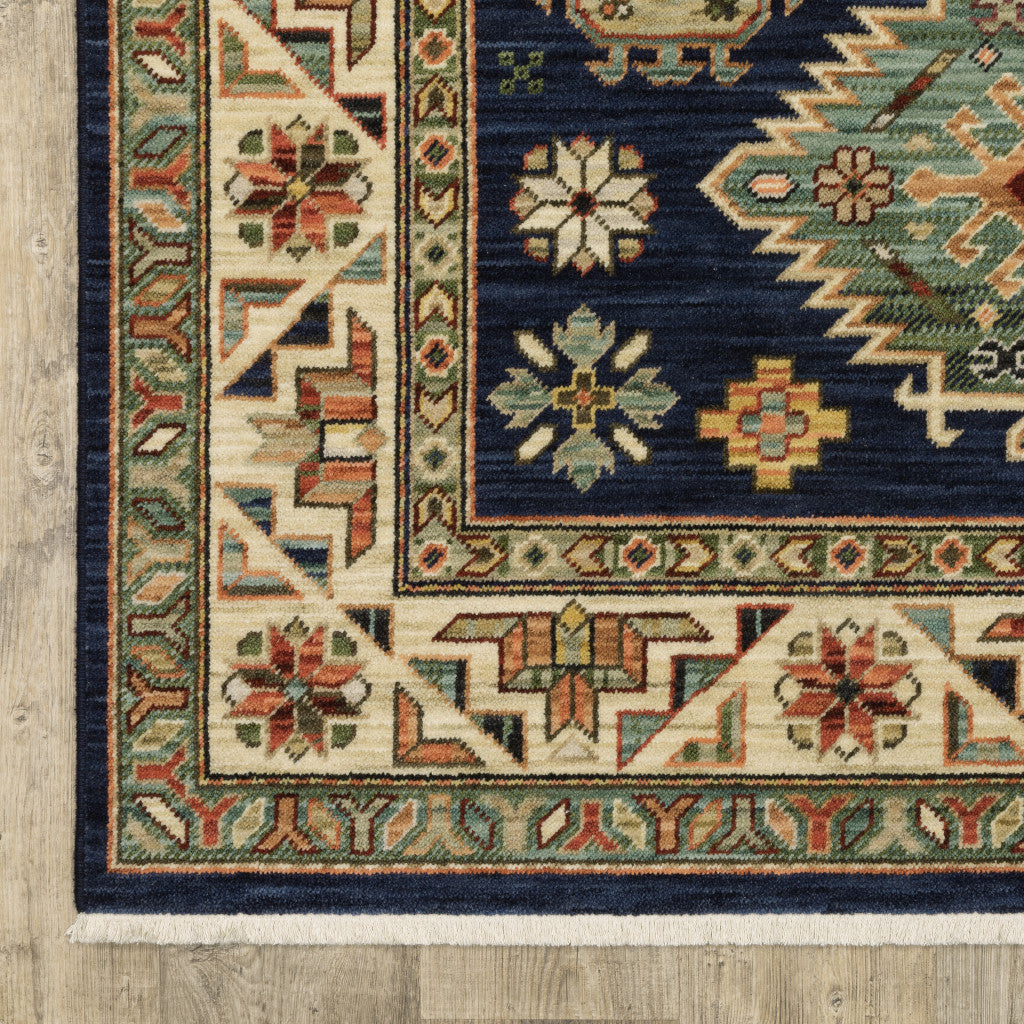 HomeRoots 509237 6 x 9 ft. Navy Charcoal Orange Rust Gold Pale Blue Olive Beige & Salmon Oriental Power Loom Stain Resistant Rectangle Area Rug with Fringe