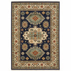 HomeRoots 509238 8 x 11 ft. Navy Charcoal Orange Rust Gold Pale Blue Olive Beige & Salmon Oriental Power Loom Stain Resistant Rectangle Area Rug with Fringe