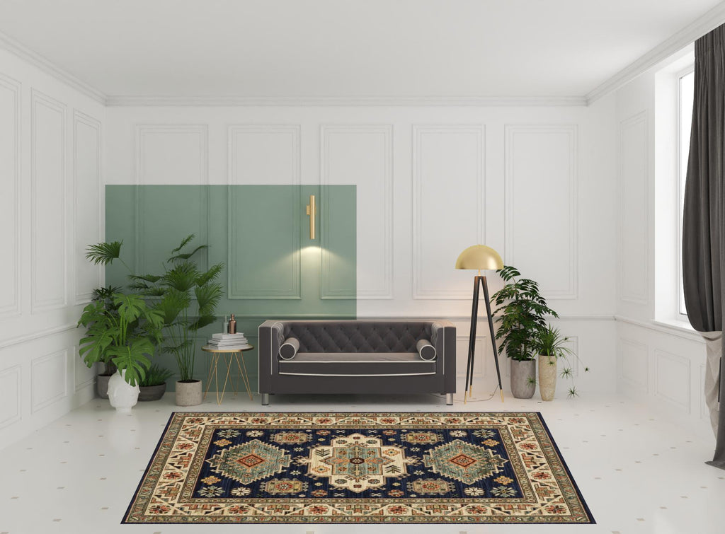 HomeRoots 509238 8 x 11 ft. Navy Charcoal Orange Rust Gold Pale Blue Olive Beige & Salmon Oriental Power Loom Stain Resistant Rectangle Area Rug with Fringe