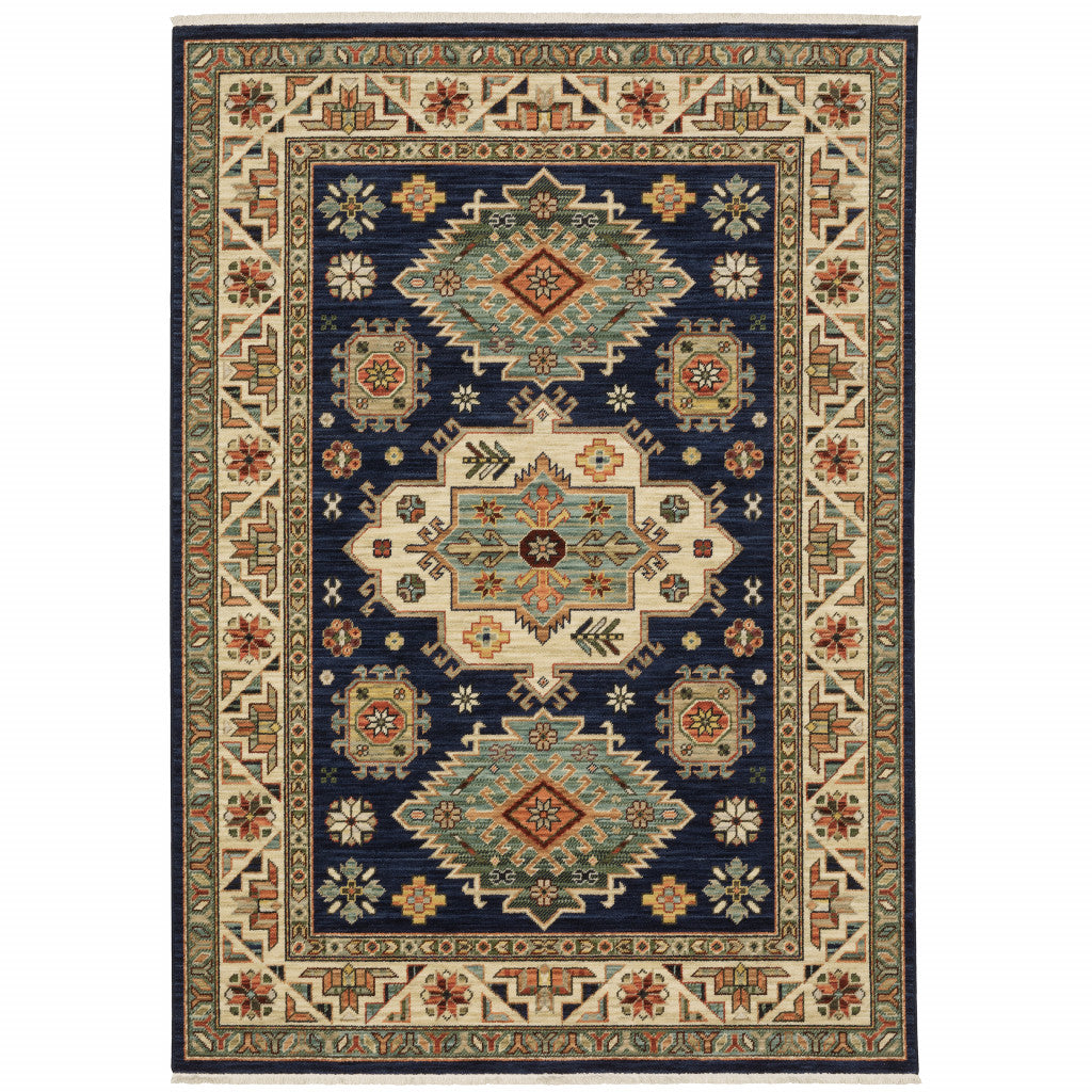 HomeRoots 509239 10 x 13 ft. Navy Charcoal Orange Rust Gold Pale Blue Olive Beige & Salmon Oriental Power Loom Stain Resistant Rectangle Area Rug with Fringe