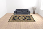 HomeRoots 509239 10 x 13 ft. Navy Charcoal Orange Rust Gold Pale Blue Olive Beige & Salmon Oriental Power Loom Stain Resistant Rectangle Area Rug with Fringe