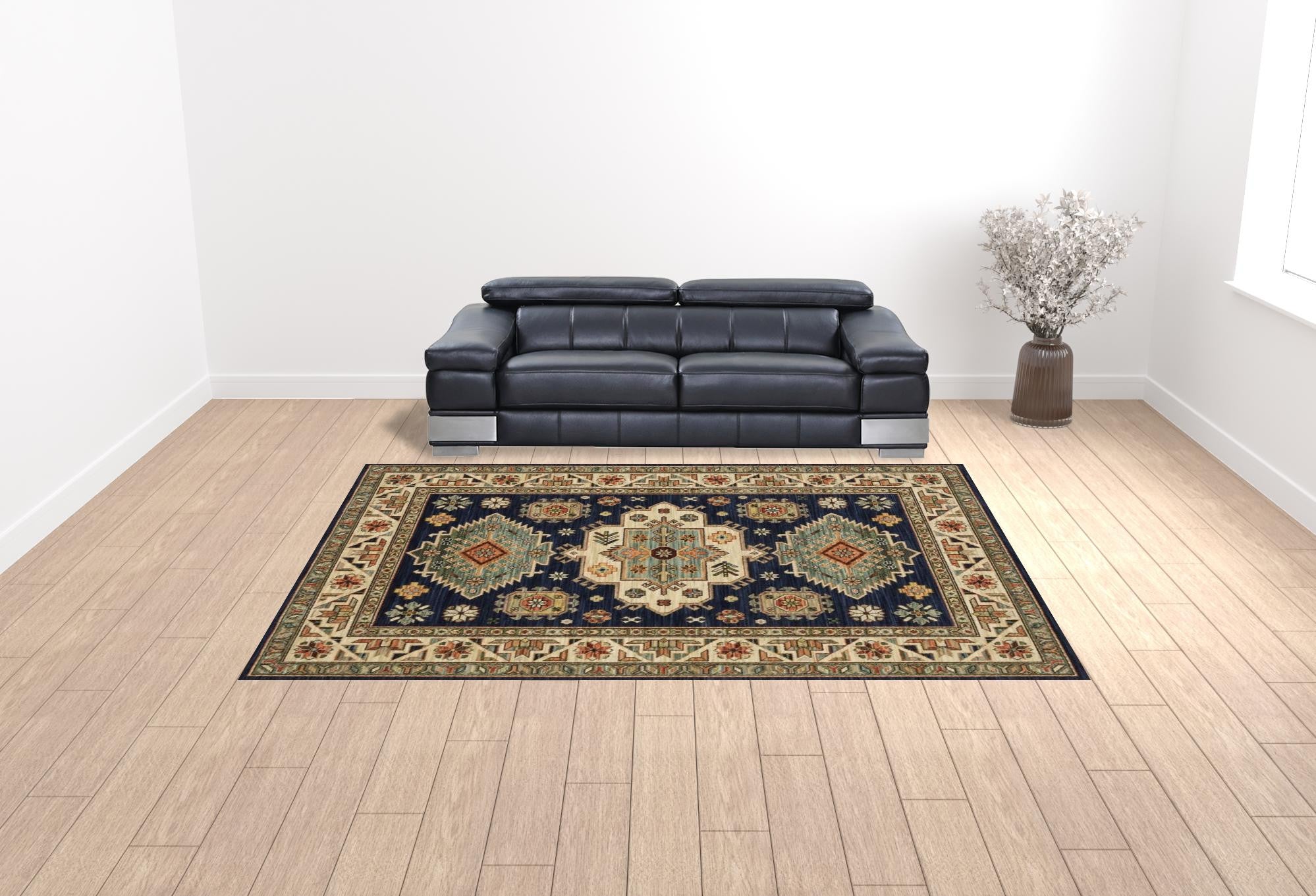 HomeRoots 509239 10 x 13 ft. Navy Charcoal Orange Rust Gold Pale Blue Olive Beige & Salmon Oriental Power Loom Stain Resistant Rectangle Area Rug with Fringe